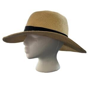 J Crew Womens Packable Sun Hat M-L Natural Tan Black Ribbon